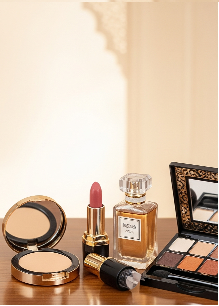 Woman in traditional attire with a display of makeup products on a table.